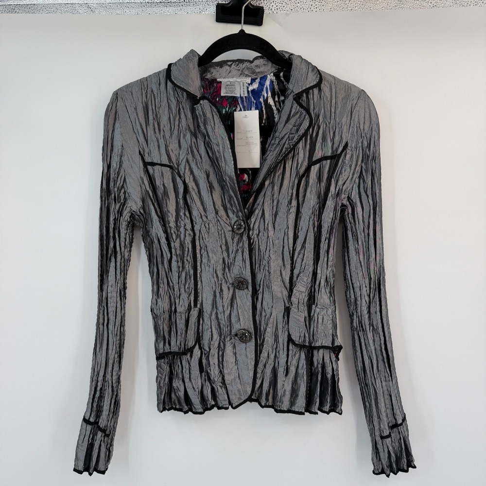 Alberto Makali Silver Crinkled Metallic Blazer Black Trim Size L NWT 265610
